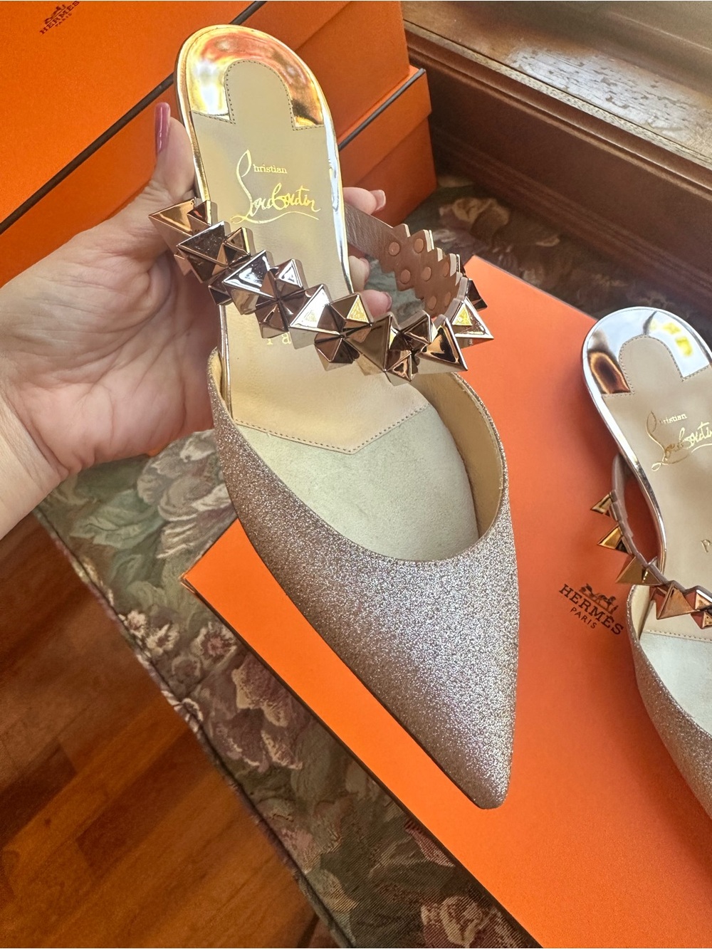 Christian Louboutin Choc Flat Mini Glitter Pointed-Toe Stud Strap Mule - Picture 7 of 8